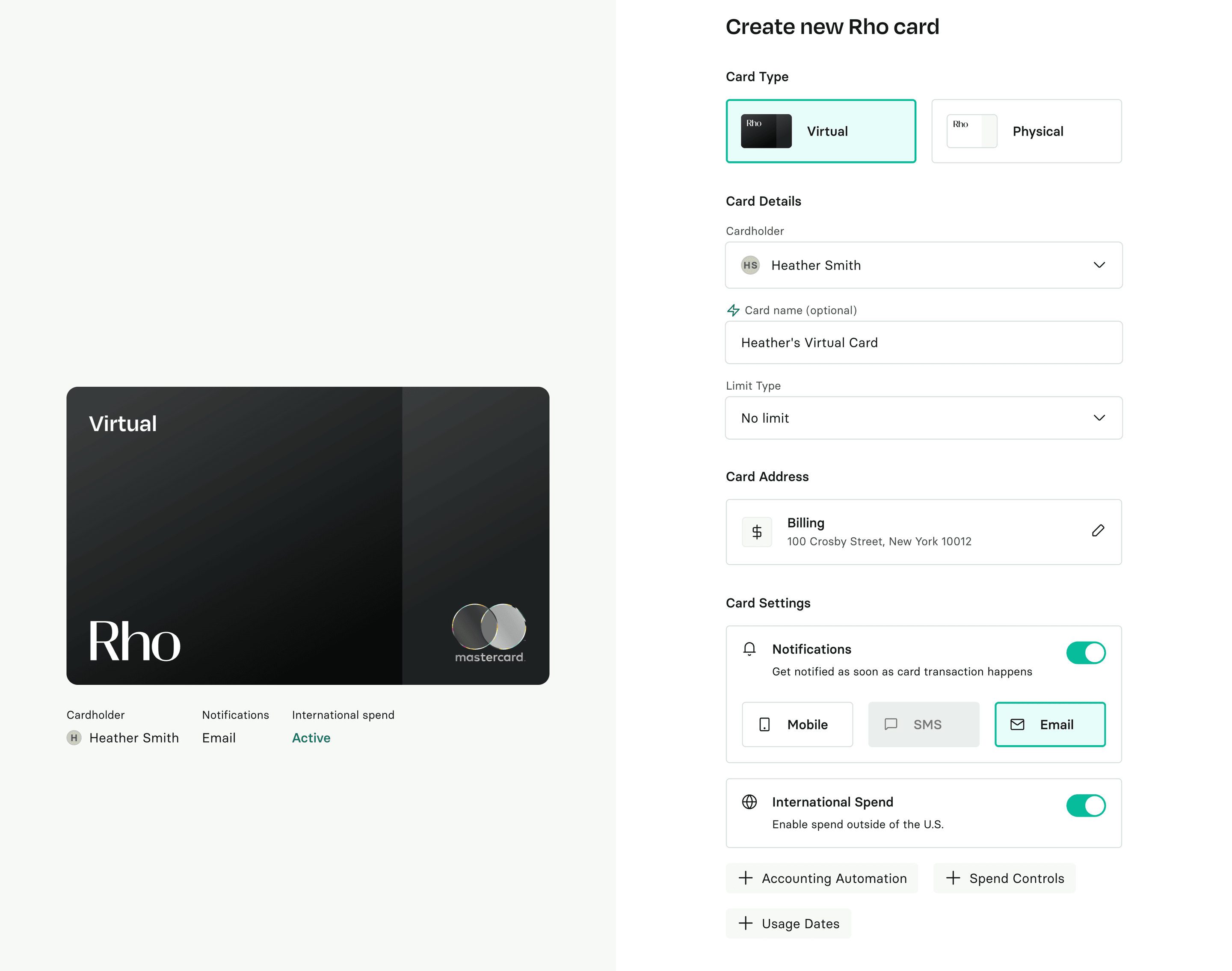 The Create new Rho card panel, offering virtual or physical, with cardholder, card name, limit type, address and settings beside a card preview